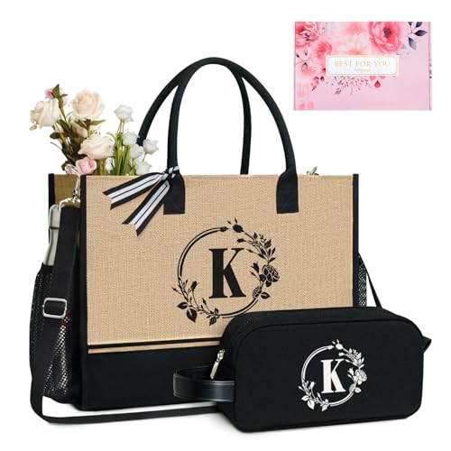 TOPDesign Personalized Initial Canvas Tote Bag, for Wedding, Birthday, Beach, Perfect Gifts for Women, Mom, Teachers, Friends