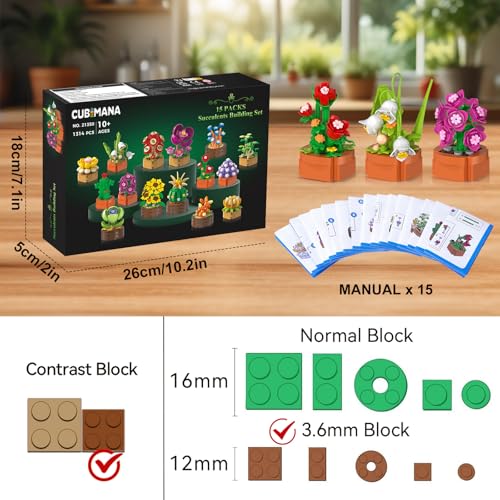 CUBIMANA 15 Pack Flowers Plants Mini Building Set - Gifts for Mothers Day, Flower Botanical Collection 3.6MM Block Toy for...