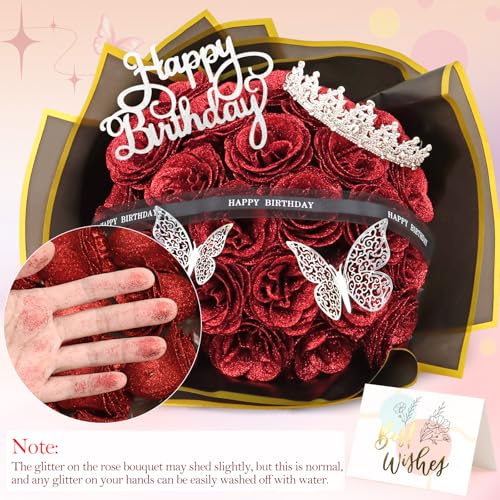 MEIVINES Glitter Roses Bouquet,Birthday Gifts for Women Mom,DIY Fake Flowers Bouquet with Birthday Stand-Up Signs,24 Red R...