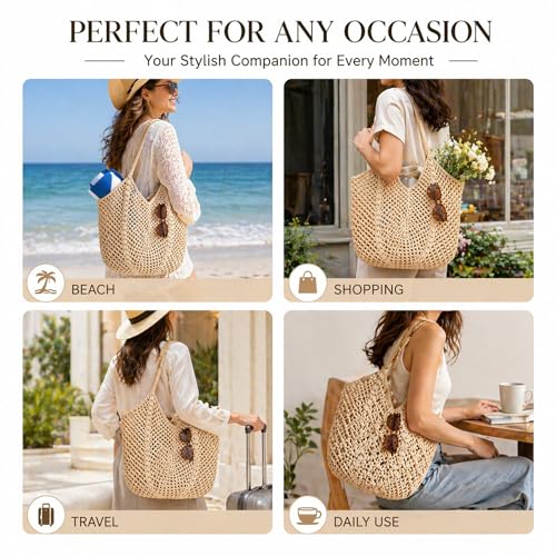 MBBEST Crochet Beach Bag for Women, Boho Mesh Knit Tote Purse, Handmade Cotton Summer