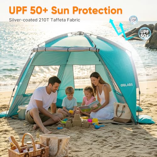Golabs BT1 Pop up Beach Tent Sun Shelter for 3-Person, 1-Minute Setup by Pre-Attached Pole & UPF 50+, Beach Shade with Det...