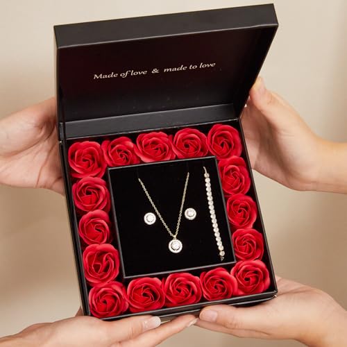 WDS WONDROUS Preserved Rose Jewelry Set for Women, 4-Piece Red Rose Gift Box with Necklace Earrings Bracelet, Valentines D...