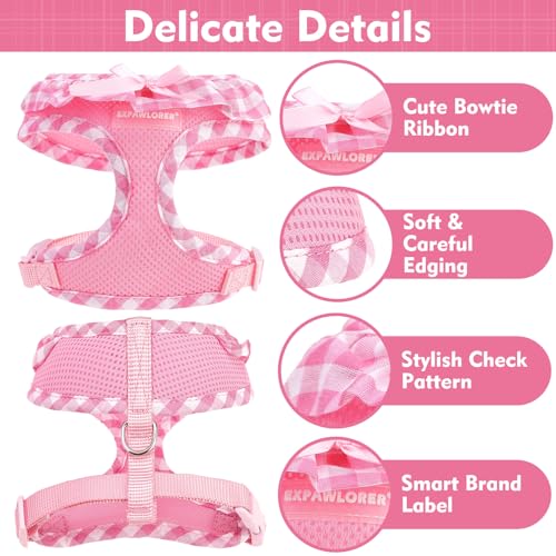 EXPAWLORER Cute Dog Harness Collar Leash Set - Pink Girl Dog Harness Checkered Step-in Design, Detachable Bow Pet Collar, ...