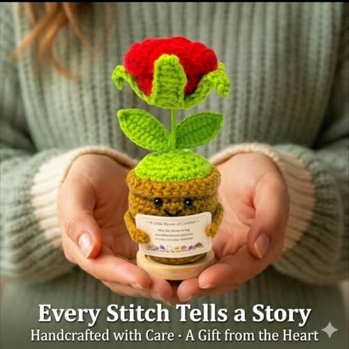 Xulvrax June Birth Flower Rose Crochet Potted Plant Gift, Handmade Style with Wooden Base, Romantic Birthday Desk Decor, f...