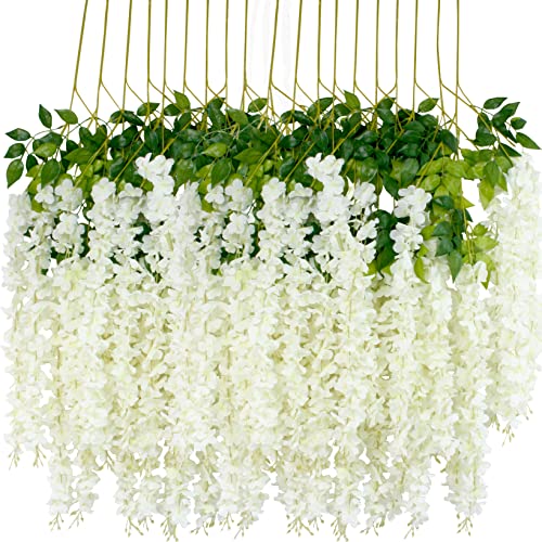 12Pcs Artificial Wisteria Flowers 3.6 Feet/Piece White Dense Artificial Fake Wisteria Vine Ratta Hanging Garland Silk Flow...