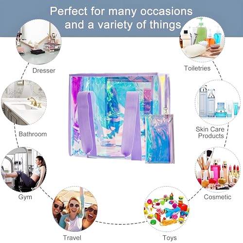 TotePrint PVC Waterproof Holographic Colorful Tote Handbag with Small Mobile Phone Bag for Beach, Travel and Shopping（0.4MM）