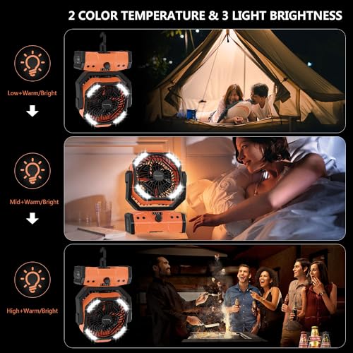 Easywave Camping Fan with LED Lantern: 30000mAh Rechargeable Battery Powered Outdoor Tent, Oscillating Fan with 360° Hangi...