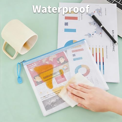 ROYPACK 12-Pack Mesh Zipper Pouch Set with 1 Organizer Bag, 3 Sizes (A4, A5, B6) Clear Waterproof File Bags for Travel Org...