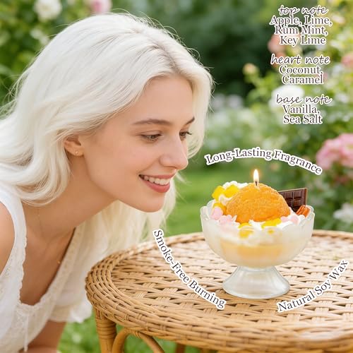 Decorative Ice Cream Sundae Candle, Mango Coconut Scented, White Bowl Design with Orange Topping