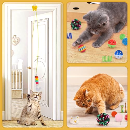 QUOZUO Kitten Toys - 38PCS Cat Play Set, Sparkle Balls, Plush Pom Pom Balls, Hanging Door Toy, Gift Box Styles