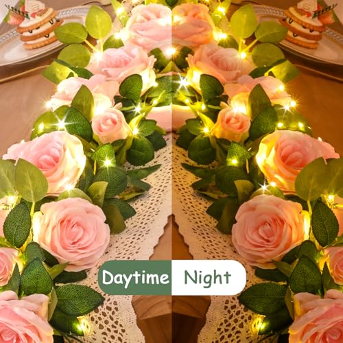 2 Pcs Flower Garland with 19.6 Ft Lights, 13.2 Ft Pink Floral Garland Fake Flowers for Wedding Arch Party Wall Garden Room...