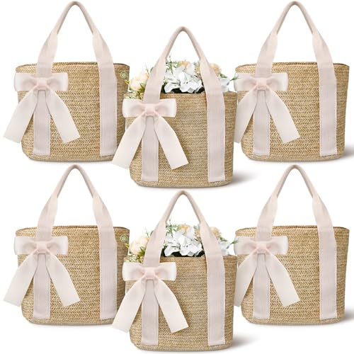 Clysee 6 Pcs Bridesmaid Straw Beach Bags Reusable Woven Burlap Tote Bags with Handles Ribbon for Bachelorette Wedding Gift...