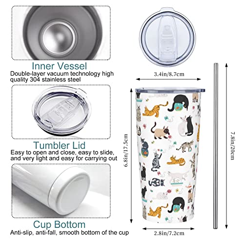 Yobvec Cat Tumbler with Lid and Straw, 20 Oz Stainless Steel Cups Insulated Water Bottle Coffee Mug Gifts for Cat Lover