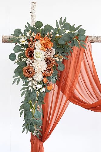 Olalaka Burnt Orange Artificial Wedding Arch Flowers Kit (Pack of 3) with 26Ft Terracotta Shiny Arch Draping Fabric for DI...