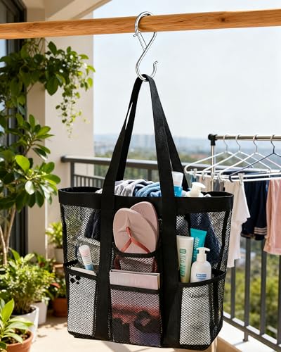 Funxdola 2-Pack Large Mesh Carryall Tote Beach Bags - 8 Front Back Pockets Zip Compartment for Toiletry Travel with 2 S Hooks