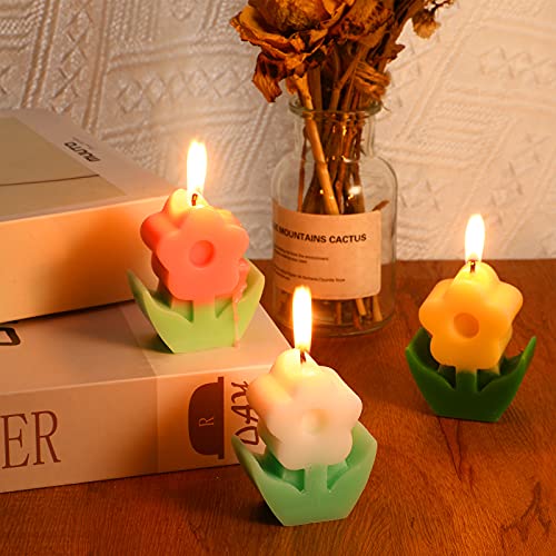 3 Pcs Flower Shaped Scented Candle Set Soy Wax Candle Decor for Table Fireplace Room Aesthetic Cute Gifts for Christmas Wo...