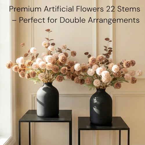 22pcs Artificial Beige & Brown Kiku Flowers with Eucalyptus Stems Bulk, Faux Silk Mum Pom Poms for Vase, Modern Farmhouse ...