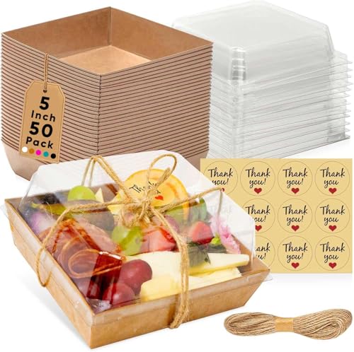 Leafiew 50 Pack Small Charcuterie Boxes with Clear Lids - To Go Paper Mini Charcuterie Box, Disposable Food Containers, 5I...