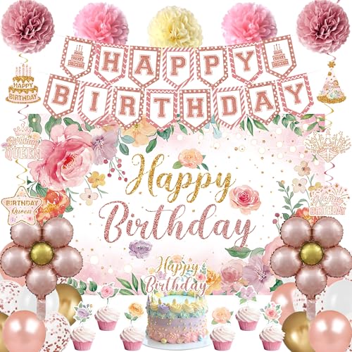 Holkcog Flower Birthfday Party Decorations for Girl, Pink Florals Ballons Banner Background, Cake Tppper, Garden Tea Party...