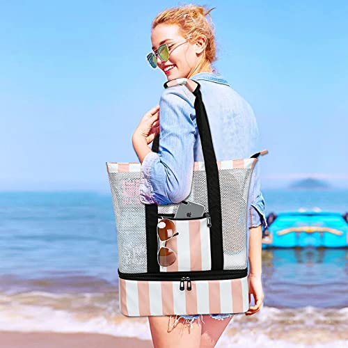 Bluboon Mesh Beach Tote Bag with Cooler Compartment Insulated Detachable Picnic Bag with Zipper and Pocket Pool Bag for Women