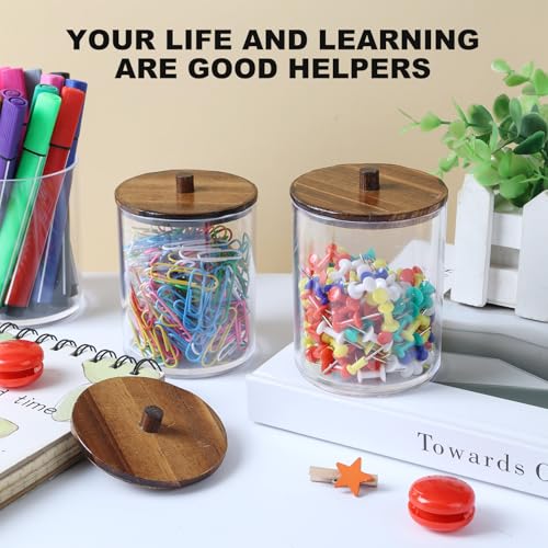 4 Pack Qtip Holder Dispenser with Wood Lids - 10 oz Clear Plastic Apothecary Jar Containers for Vanity Makeup Organizer St...