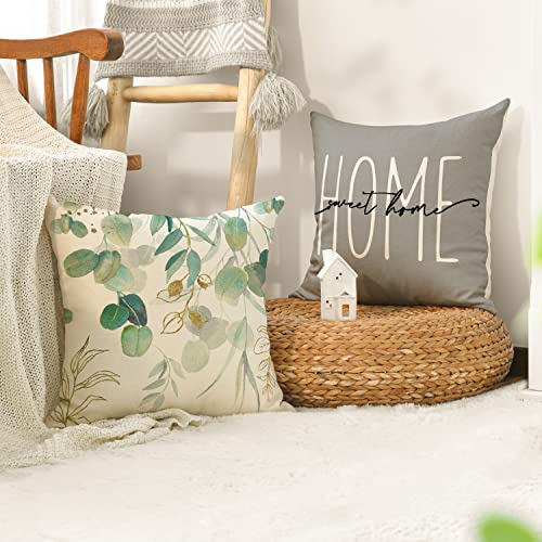 AVOIN Colorlife Home Sweet Home Eucalyptus Leaves Throw Pillow Covers 18x18 Inch Set of 4, Spring Summer Seasonal Decorations