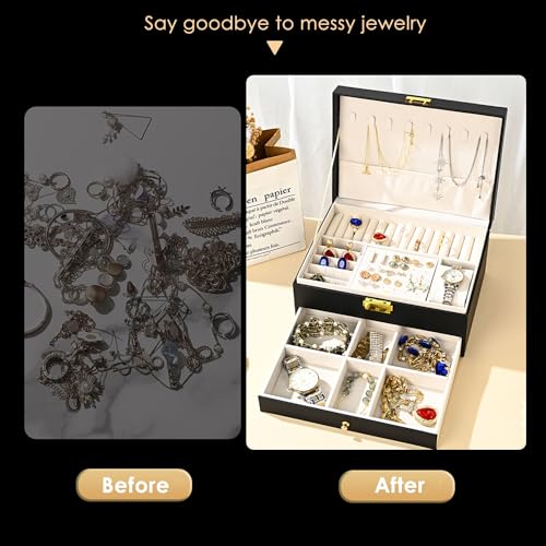 GUOER Jewelry Box for Women Girl Wife - Large PU Leather Jewelry Organizer Storage Case with Two Layers Display for Earrin...