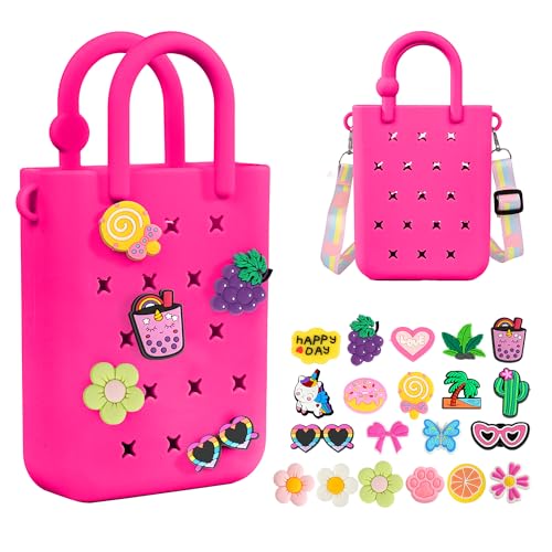 Silicone Small Rubber Beach Bag with 20 Charms, Hole Handbag With Adjustable Shoulder Strap, Girls and Woman