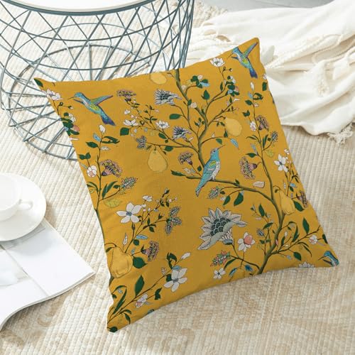 Vintage Mustard Yellow Floral Pillow Covers 20x20 Inch Set of 2 Boho Blue Hummingbird Wildflower Throw Pillows Spring Summ...