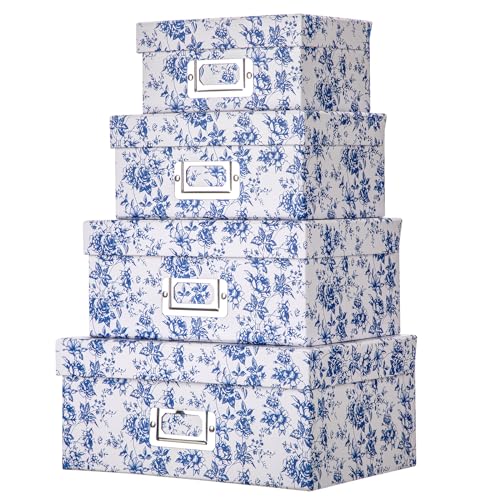 Briful Blue and white Porcelain Storage Boxes, Photos Storage Boxes with Lids 4 in 1 Set Water-proof Gift Boxes Sets Decor...