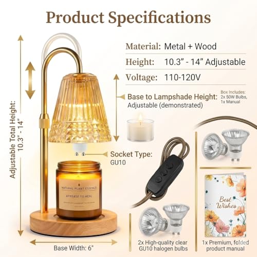 Candle Warmer Lamp with Timer Dimmable, Height Ajustable Candle Lamp Warmer for Jar Candles, Gold Electric Lamp Candle War...