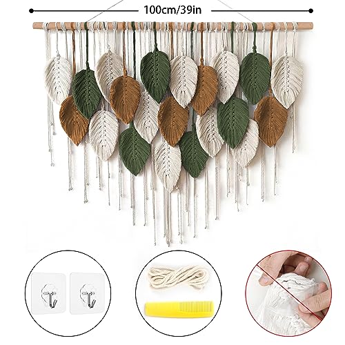 KHOYIME Large Macrame Wall Hanging Boho Woven Tapestry, Chic Home Decor Modern Bohemian Handmade Leaf Feather Wall Art Dec...