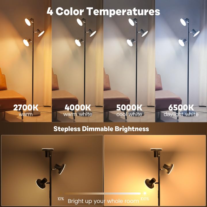 SIBRILLE 36W LED Tree Floor Lamp, Modern Dimmable Standing Lamp with Remote & Touch Control, 4 Color Temperatures, 3 Rotat...
