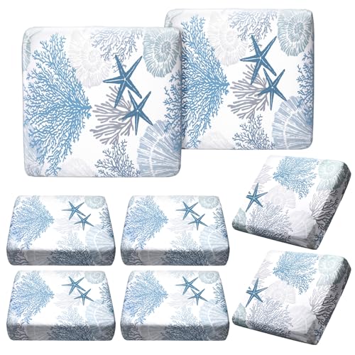 Hosuly 8 Pcs Summer Sofa Cushion Cover Patio Stretch Beach Outdoor Seat Cushions Covers Starfish Seashell Coral Replacemen...