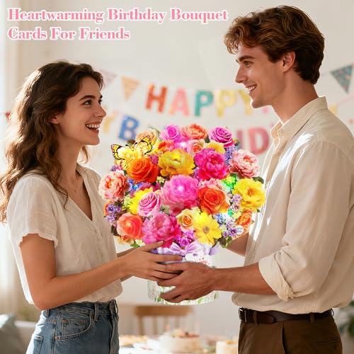 XTF2015 Birthday Cards with MUSIC & LIGHTS, Happy Birthday Card, Peony & Butterfly, 13 Inch Life Sized Forever Flower Bouq...