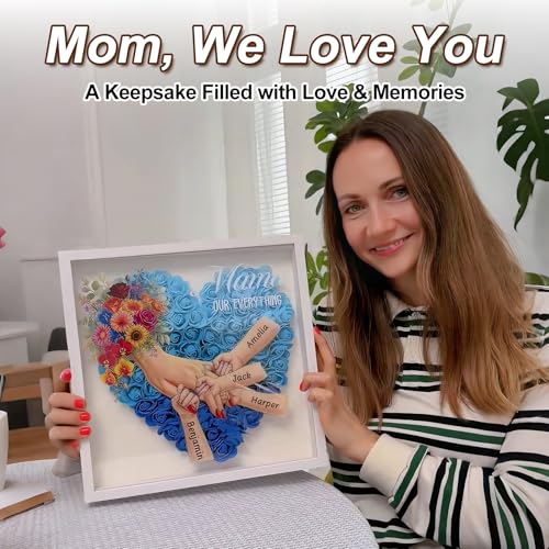 Personalized Flower Shadow Box with Name, Custom Mom & Kids Holding Hands Frame with Ring & Nail Design, Multiple Skin Ton...