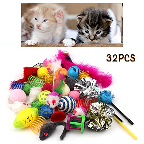 Cat Toys Kitten Toys Assortments, 32 Packs Cat Toys Variety Pack for Kitty, Cat Balls with Bells,Cat Feather Toy, Cat Mous...