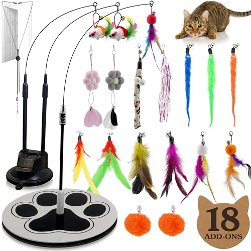 18-Piece Interactive Cat Toys for Indoor Cats -PATENTED Heavy Duty Self-Holding Floor Base & Suction Cup - Durable Feather...