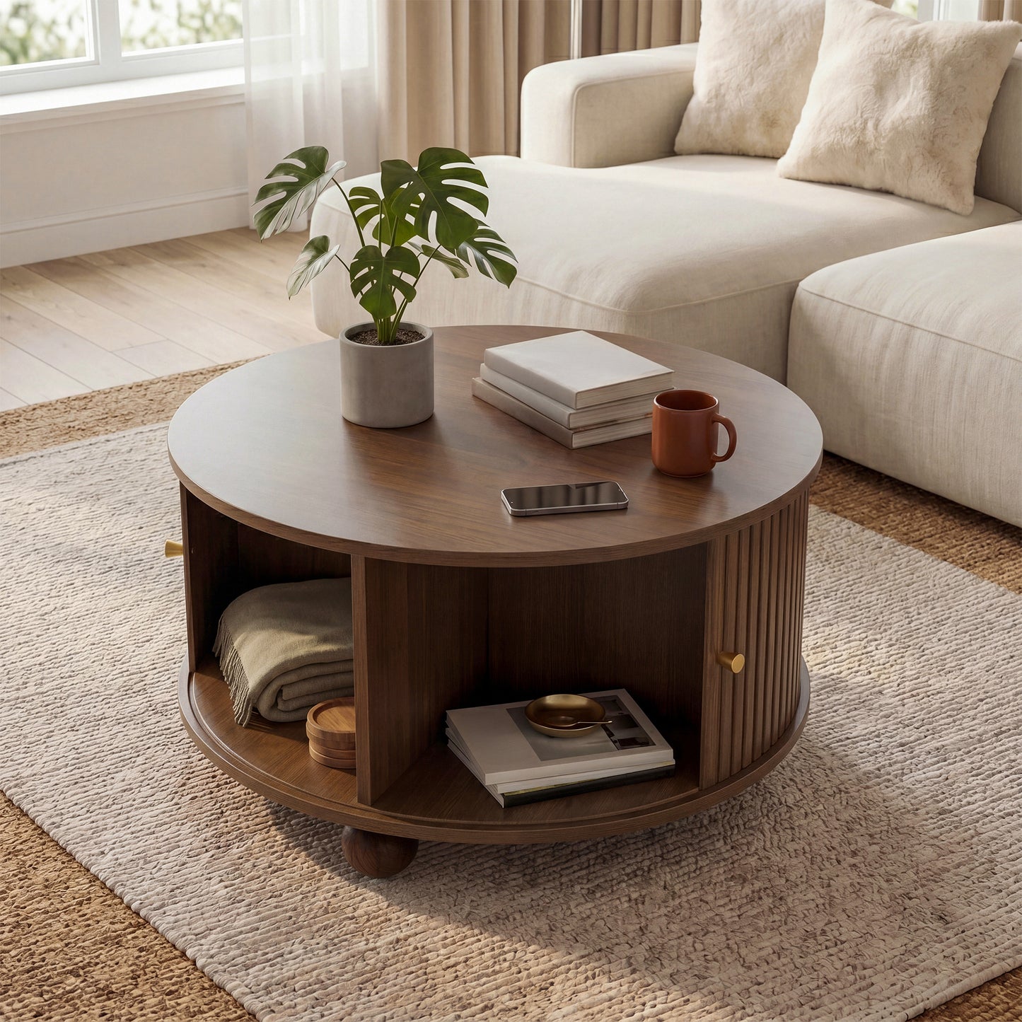 Coffee Table, Round Coffee Table, Living Room Table, Circumferential Vertical Relief Structure, Two Sliding Doors, MDF Body, Metal Handles, Spherical Metal Feet, Four Separate Storage Compartments