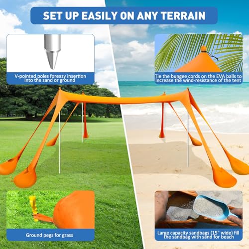 Wabolay Beach Tent Sun Shelter 10x10ft Beach Canopy Easy Pop Up Sun Shade Portable UPF50+ with 8 Sandbags-2 Sand Shovel-4 ...