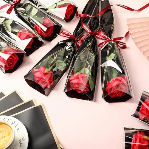 Zeyune 36 Pack Mother's Single Rose with Sleeves Set, Artificial Red Roses Bulk with Flower Sleeves, Single Stem Flower Wr...