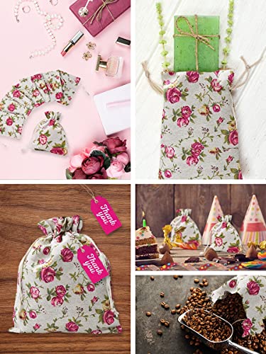 Mandala Crafts 3X4 Inch Mini Rose Burlap Drawstring Gift Bags for Favors - 50 Tiny Floral Linen Sacks Gift Pouches for Can...
