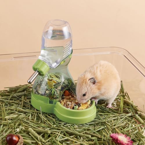 2 in 1 Hamster Water Bottle No Drip with Large Capacity Automatic Food Dispenser Small Animal Feeder for Syrian Dwarf Hams...