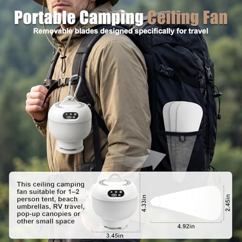 Camping Fan with Light & Remote, Portable Ceiling Fan Wireless Rechargeable Tent Fan with 4 Speeds,3 Light Modes,Timer, Ba...