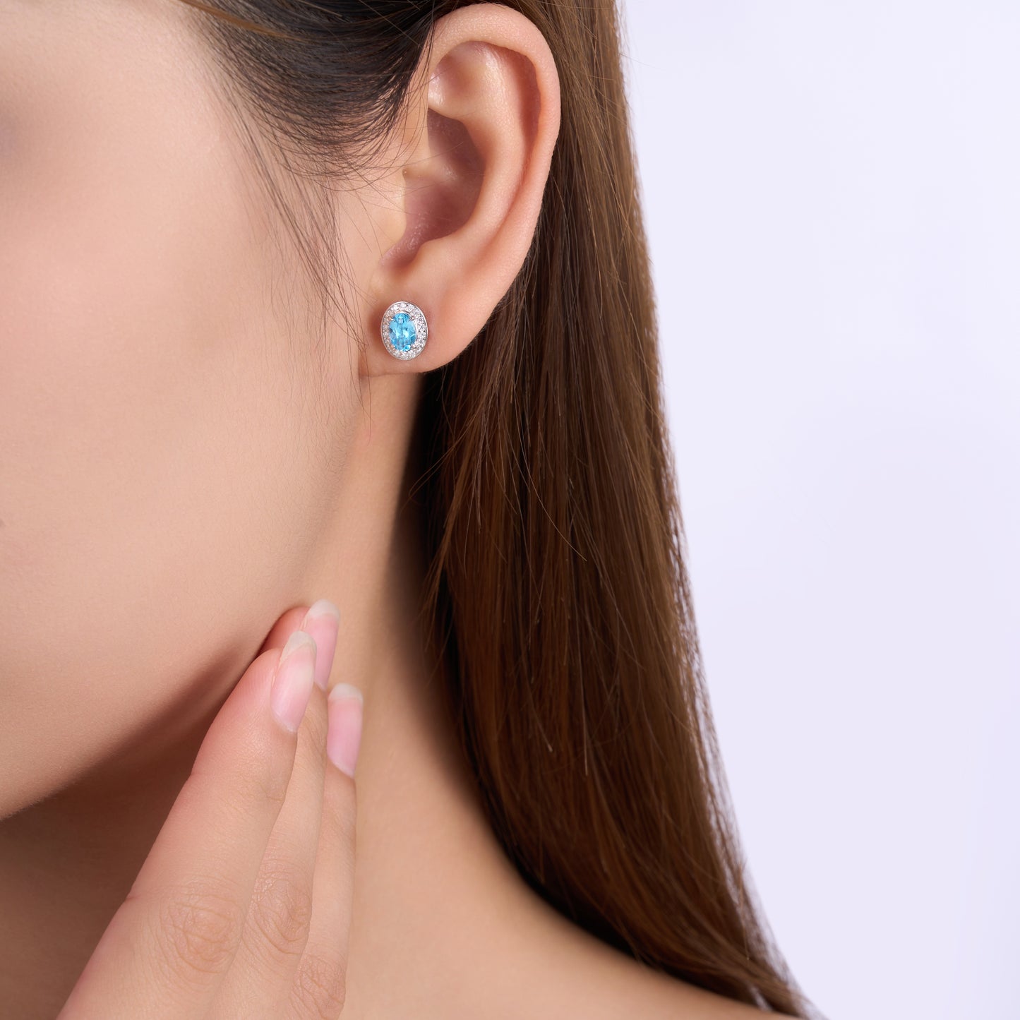1.65g S925 Sterling Silver Halo Stud Earrings For Women  Oval Cut Blue Topaz & Moissanite, Platinum Plated Jewelry Gift Box Set