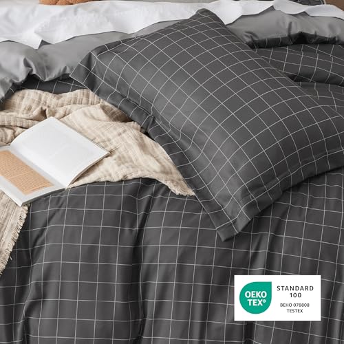 Bedsure Duvet Cover King Size - Reversible Plaid Duvet Cover Set with Zipper Closure, 3 Pieces Dark Grey Bedding Set with ...