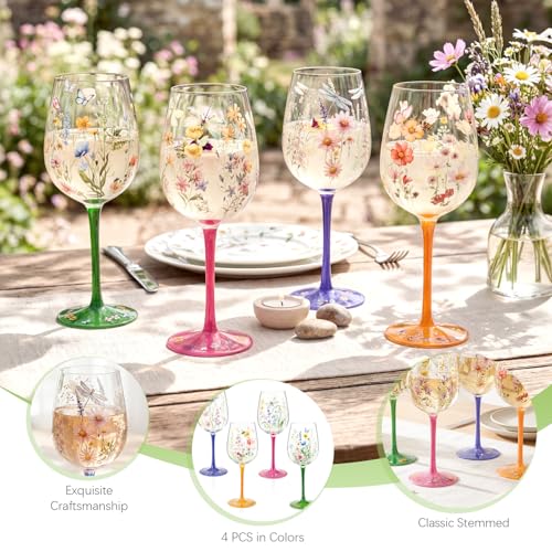 Nuogo 4 PCS Wild Flower Wine Glasses - 15 oz Hand Painted Floral Dragonfly Butterfly Stem Glass Goblet Novelty Gift for Ho...