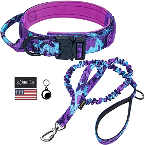 Hotsky Tactical Dog Collar and Leash Set, Heavy Duty Military Airtag Dog Collar with Handle and Metal Buckle for Training ...