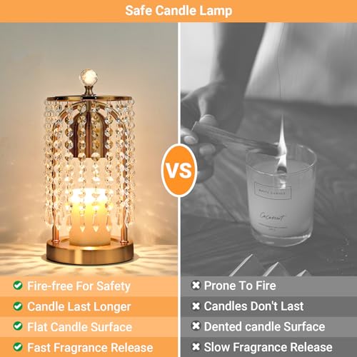 KunruiTAI Gold Candle Warmer Lamp with Timer and Dimmer - Electric Candle Warmer,Crystal Candle Lamp for Bedroom Decor,Fla...