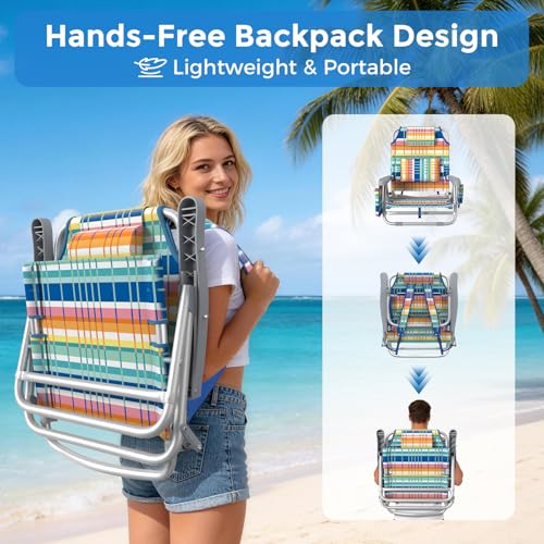 5-Position Backpack Beach Chair for Adults with Lumbar, Foldable Tall Heavy-Duty Beach Chairs with Cooler Bag,Cup Holder,T...